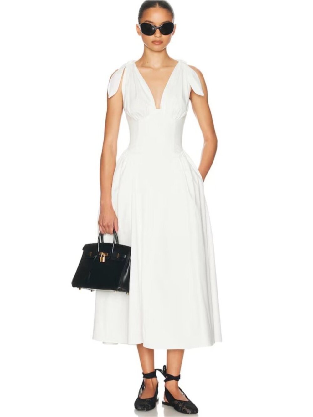 NEW Helsa Fairweather Tie Shoulder Midi Dress Stretch Cotton Sateen White | XS